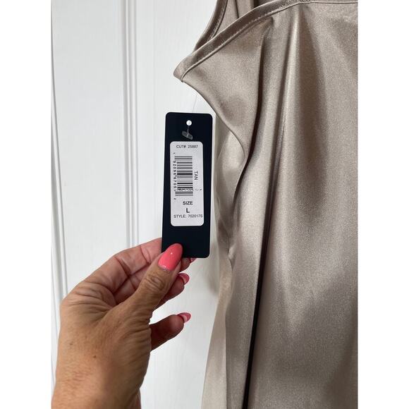Bebe NWT Tan Champagne Satin style Slip Dress Large - Picture 10 of 15